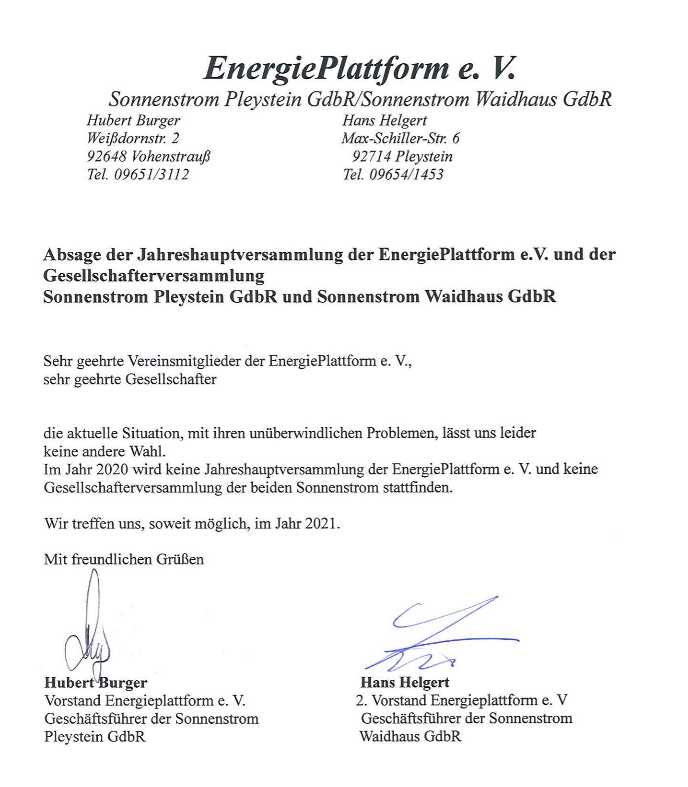 Absage Jahreshauptversammlung 2020